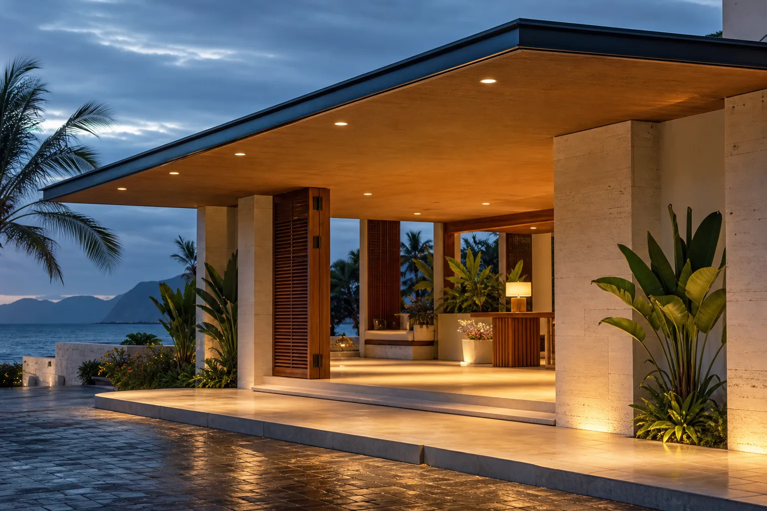 VOLI IP65 recessed downlights installed in a coastal resort entrance canopy
