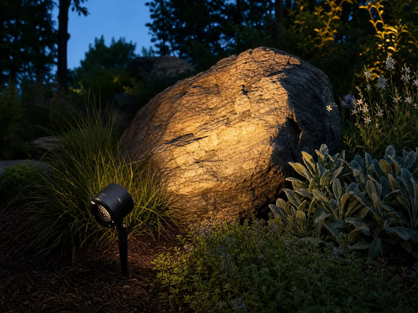 PROFOCUS zoom spike spotlight precisely illuminating a garden boulder and planting feature