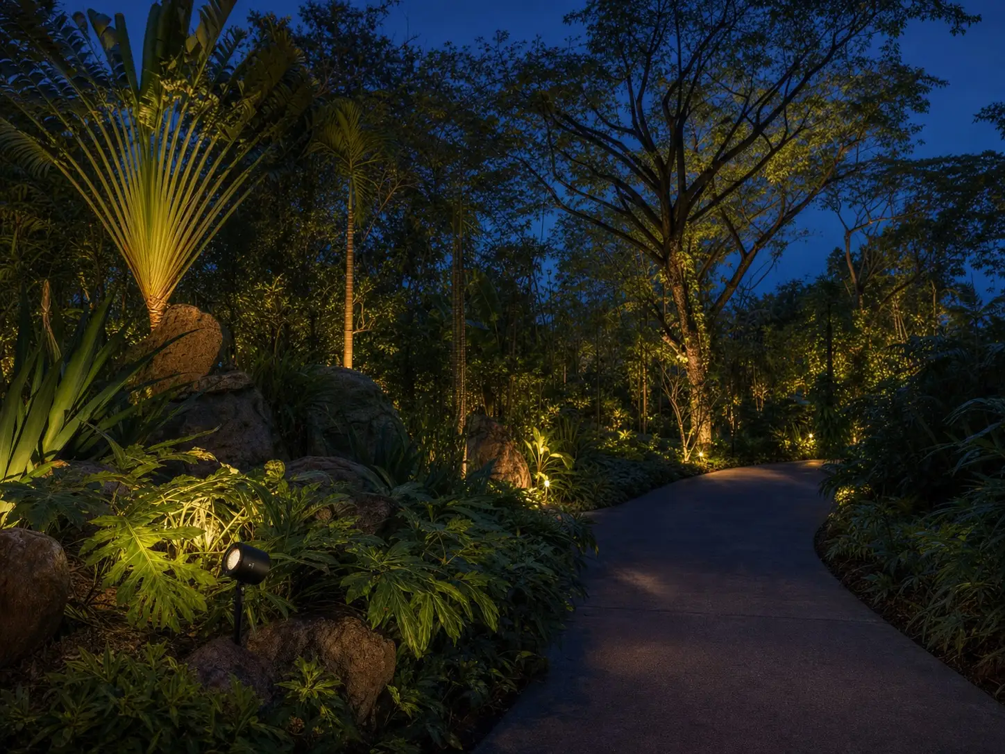PROFOCUS zoom spike lights illuminating layered tropical planting in a botanical garden renewal