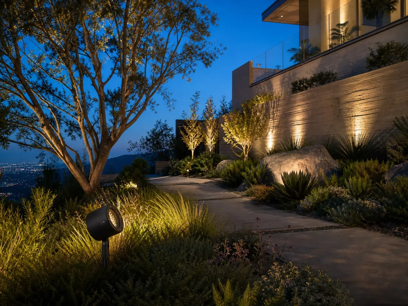 PROFOCUS adjustable spike spotlights lighting trees, stone walls and planting in a hillside villa garden