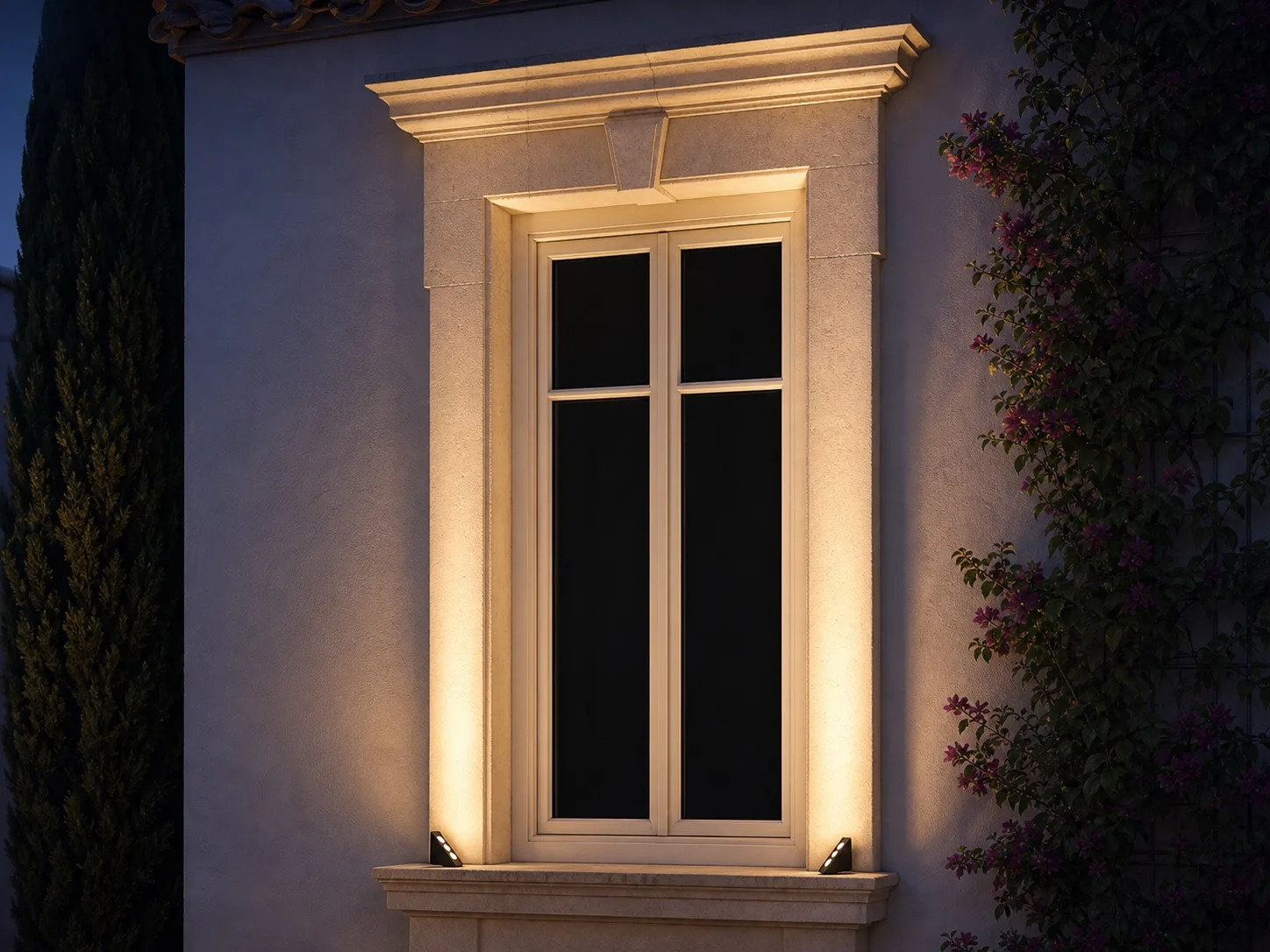Paired WINDOW LIGHT luminaires illuminating a luxury villa window from the lower sill corners