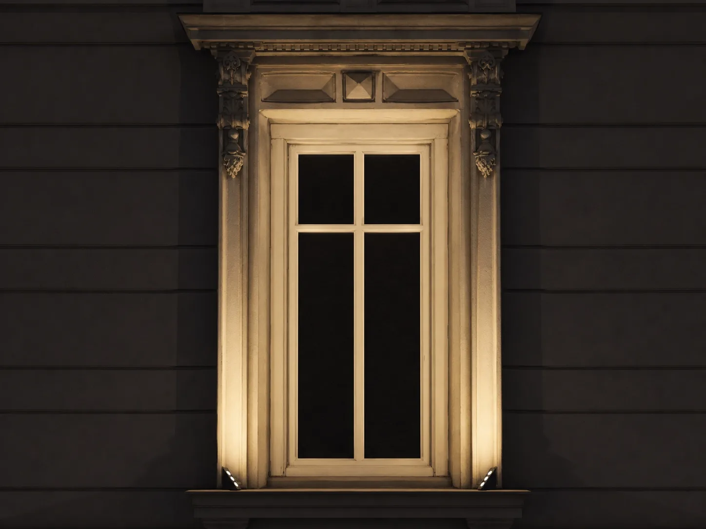 Paired WINDOW LIGHT fixtures illuminating an ornate heritage mansion window surround
