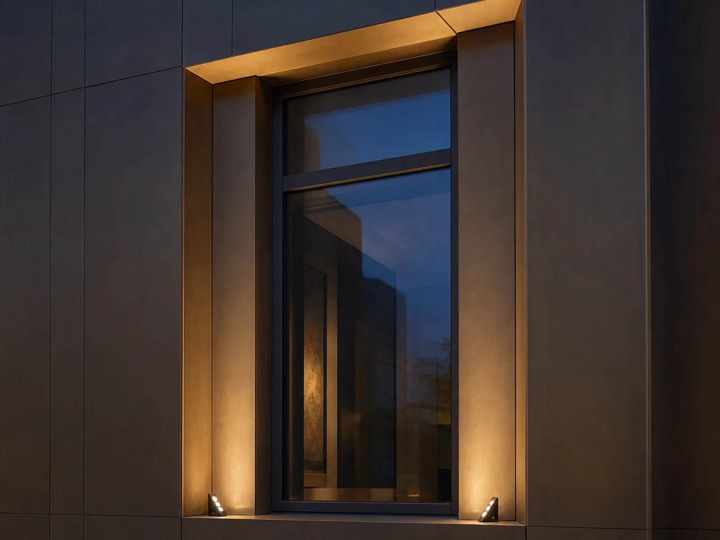 Paired WINDOW LIGHT luminaires illuminating a deep bronze window reveal on a contemporary building