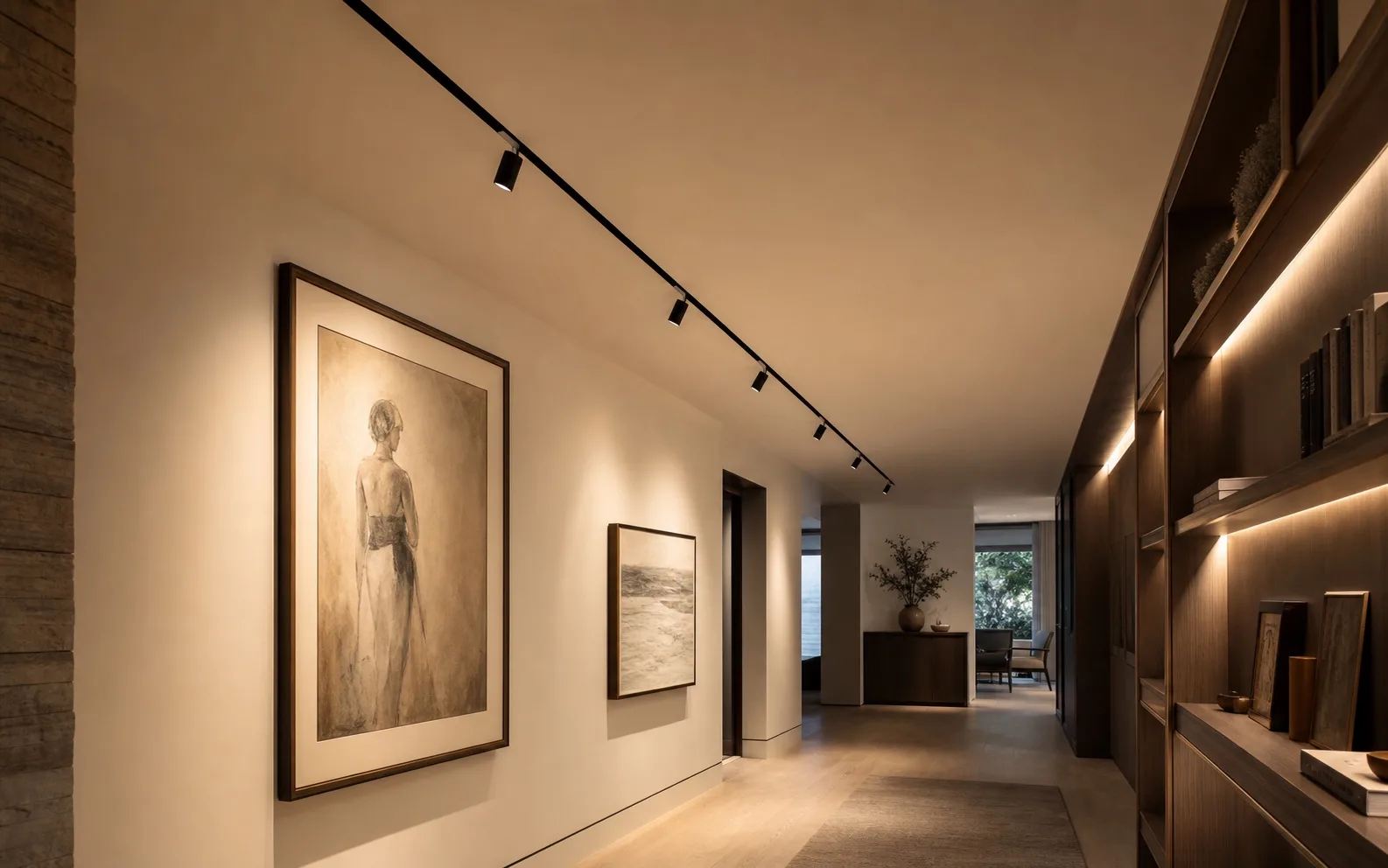 Black recessed one-circuit track illuminating artwork in a luxury residential gallery corridor