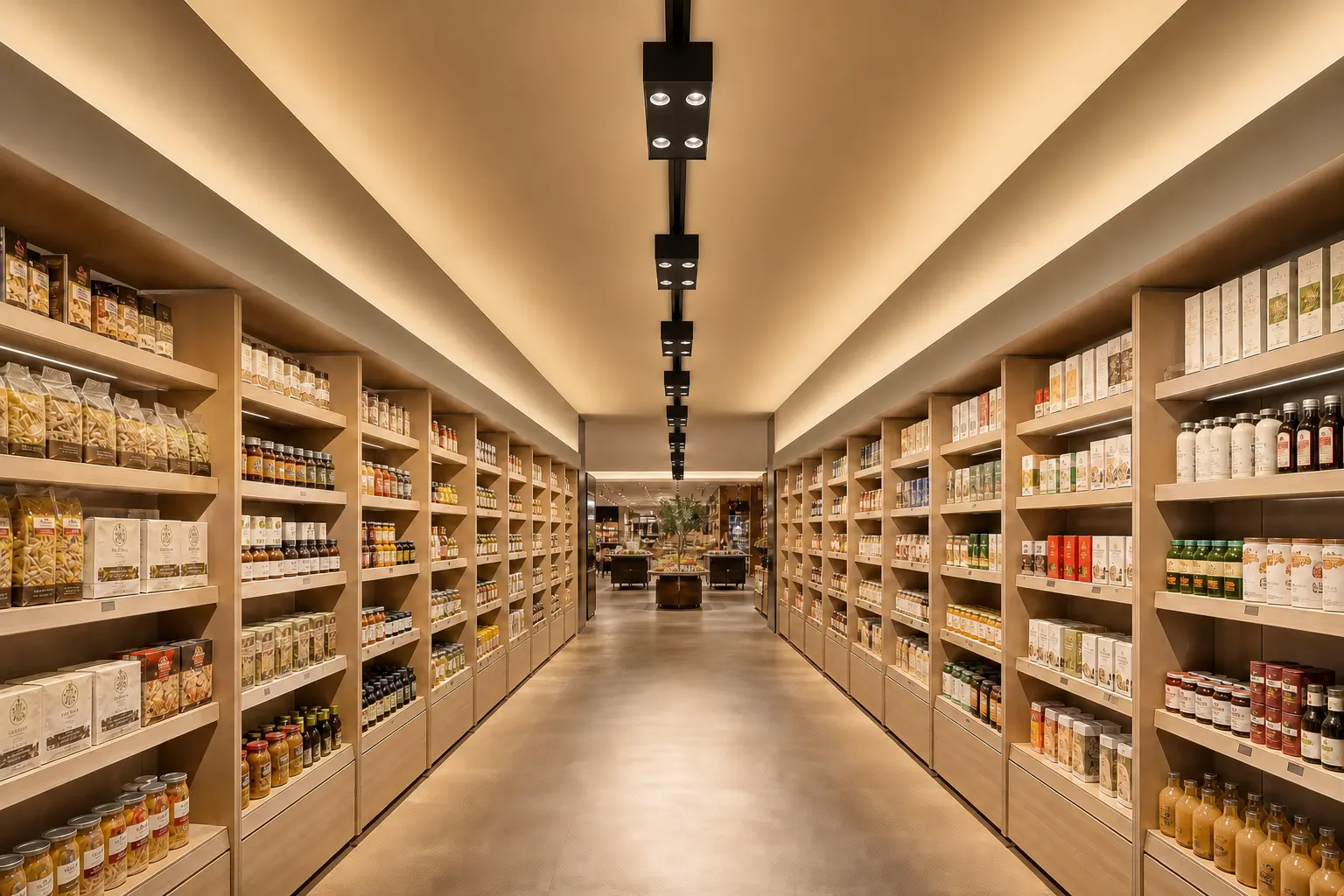 ARCWASH double-sided track wall washer lighting shelves on both sides of a retail aisle