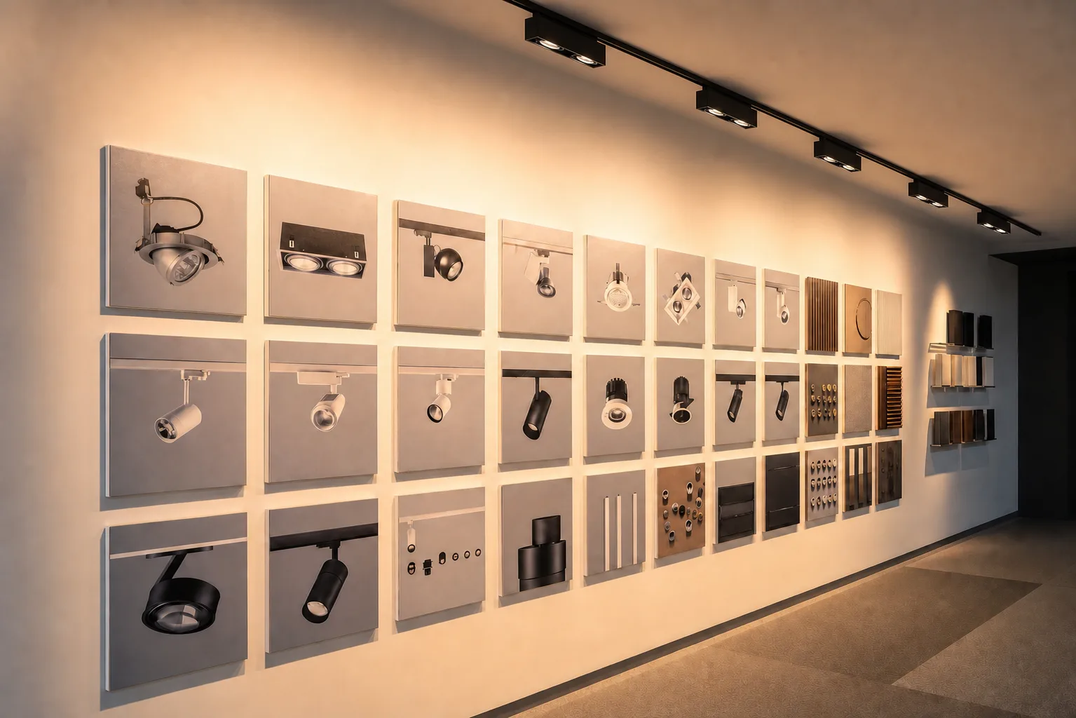 ARCWASH track wall washer illuminating a professional lighting showroom display wall