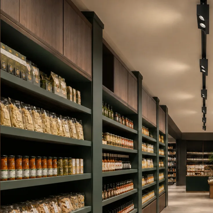 ARCWASH double-sided track wall washer illuminating both sides of a premium market aisle