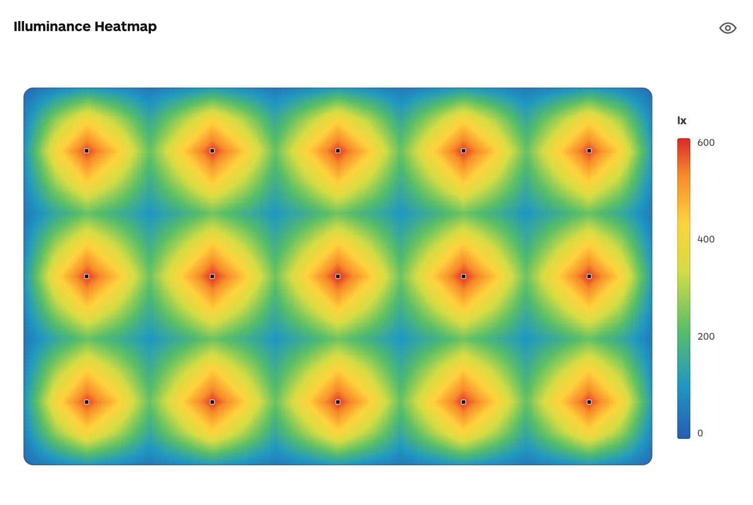 Illuminance heatmap generated from an IES lighting calculation showing lux distribution across a room layout