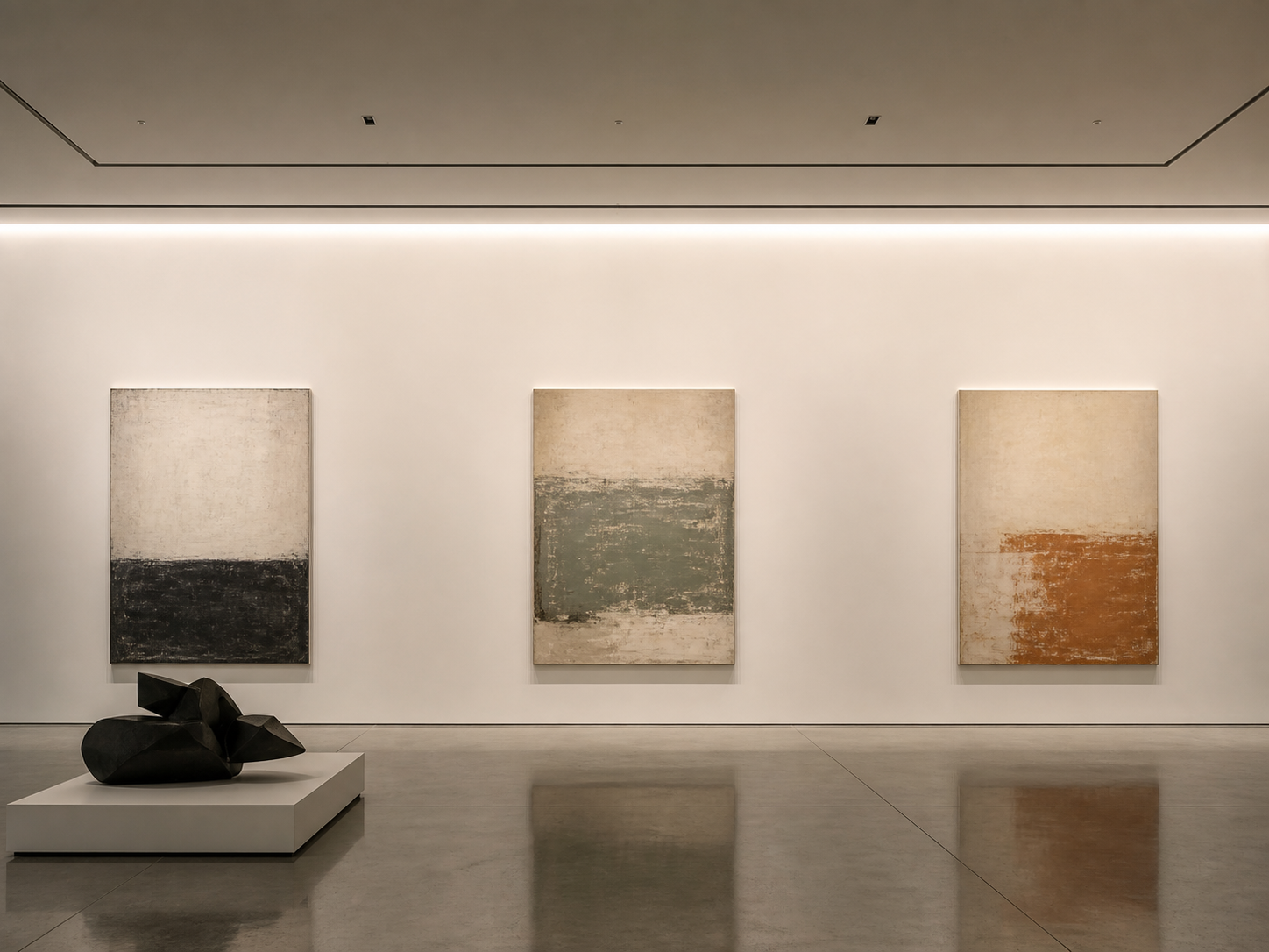 LUMI lens-optic linear wall washer evenly illuminating artwork from ceiling to floor in a contemporary gallery