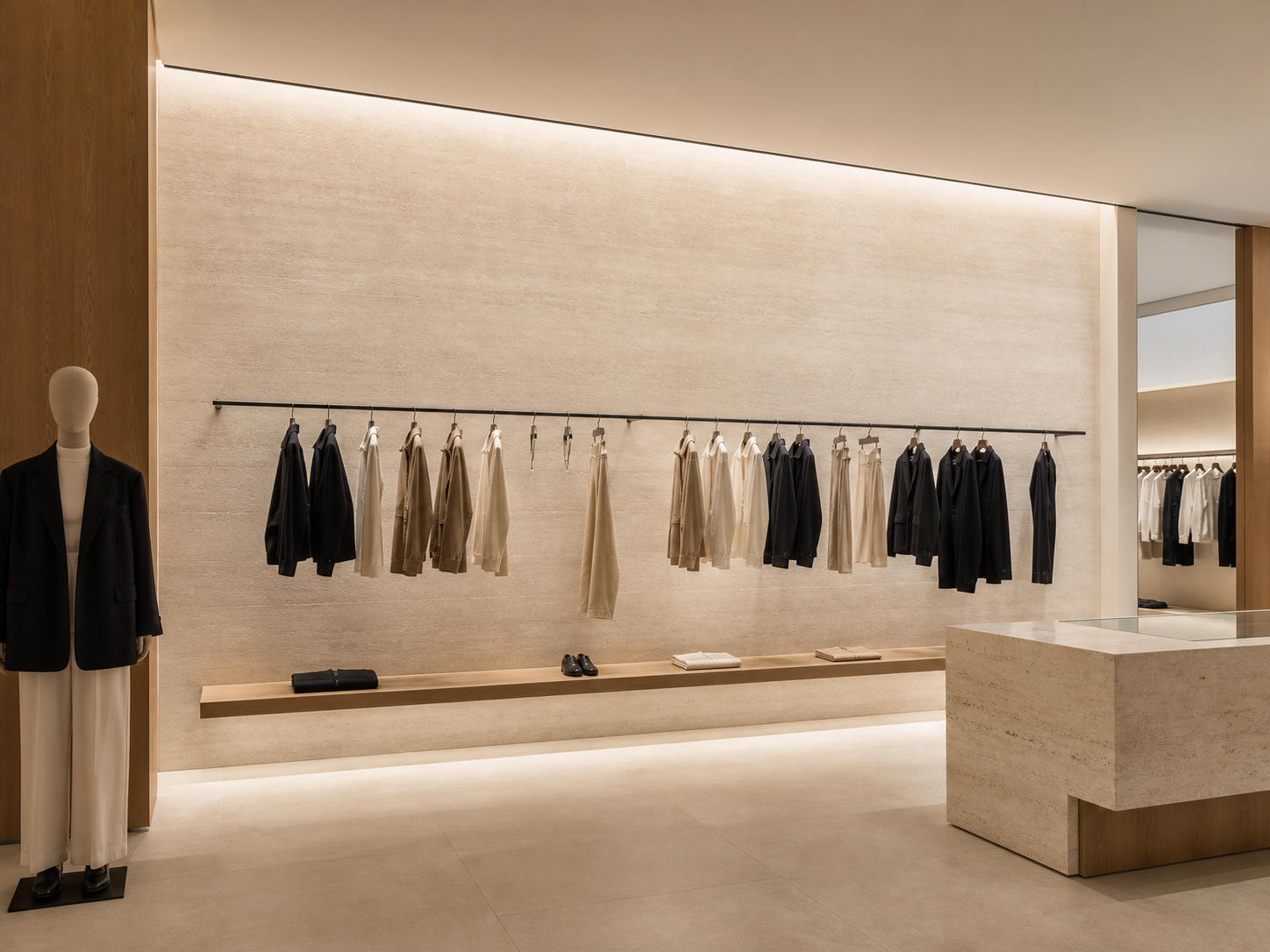 LUMI ultra-slim lens-optic linear light providing uniform ceiling-to-floor illumination in a premium retail store