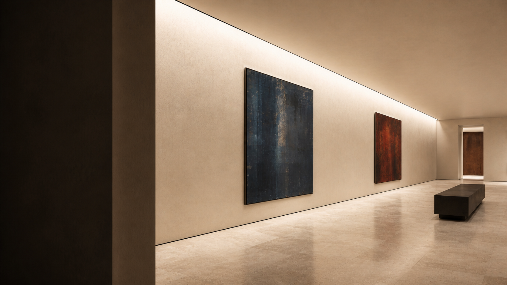 Oblique reverse view from a gallery doorway showing LUMI ultra-slim linear lighting along a continuous display wall